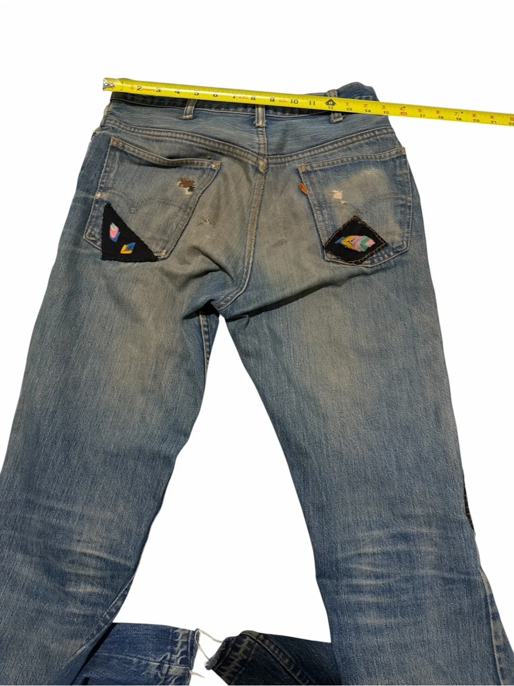 Levi's big E Blue Flare Jeans with Embroidered Knee Patches, pre-owned